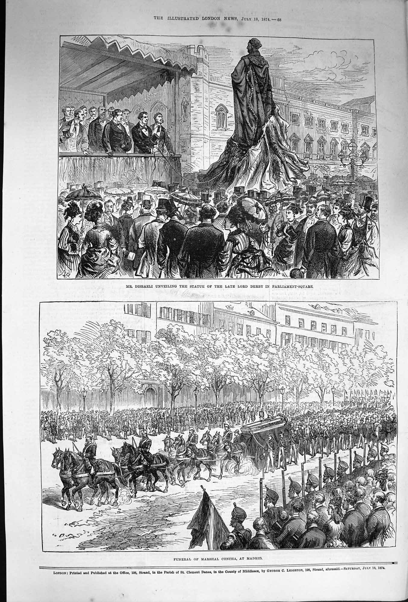 Old Antique Print 1874 Disraeli Statue Lord Derby Funeral Marshal Concha 19th