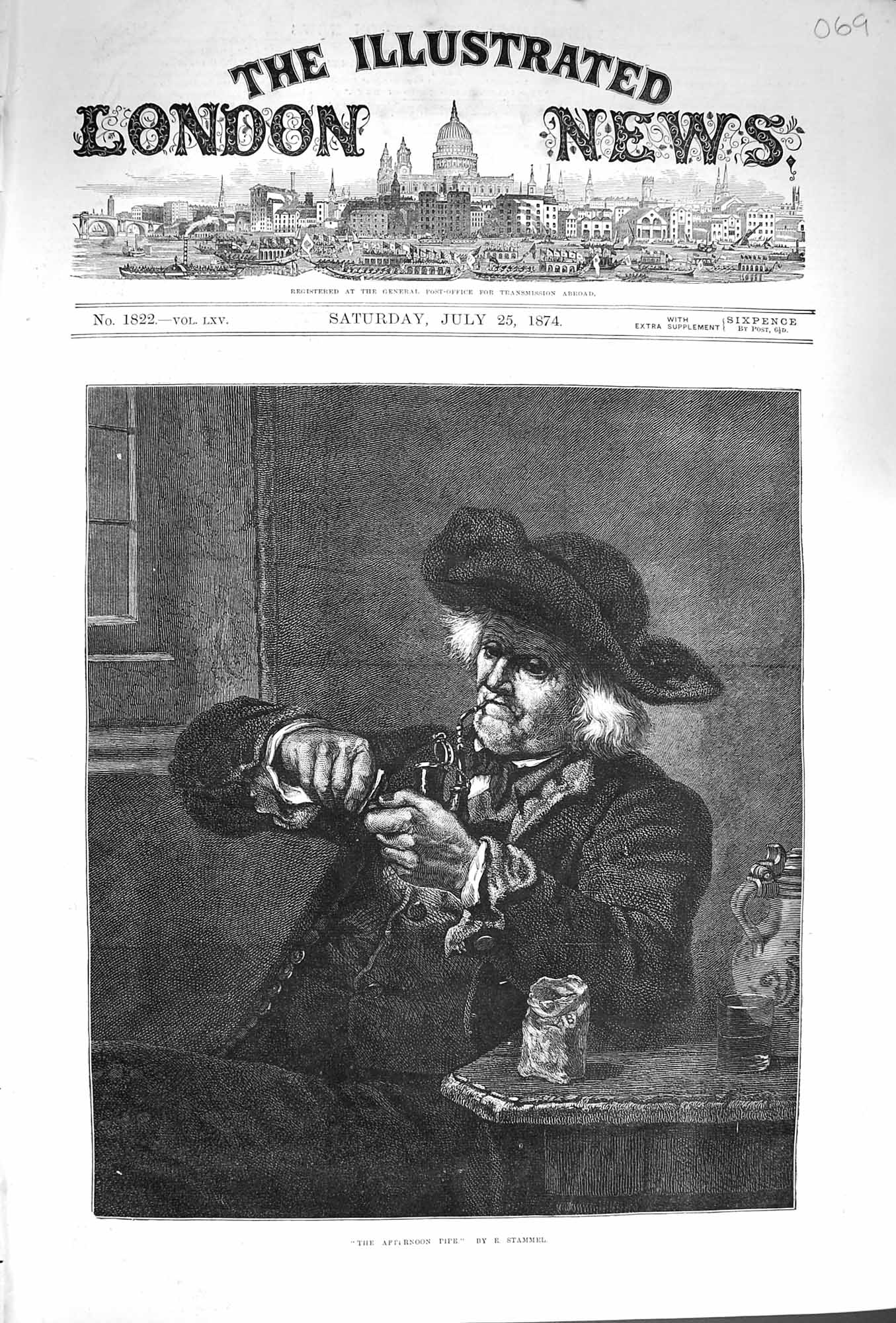 Original Old Antique Print 1874 Afternoon Pipe Man Smoking Fine Art Victorian