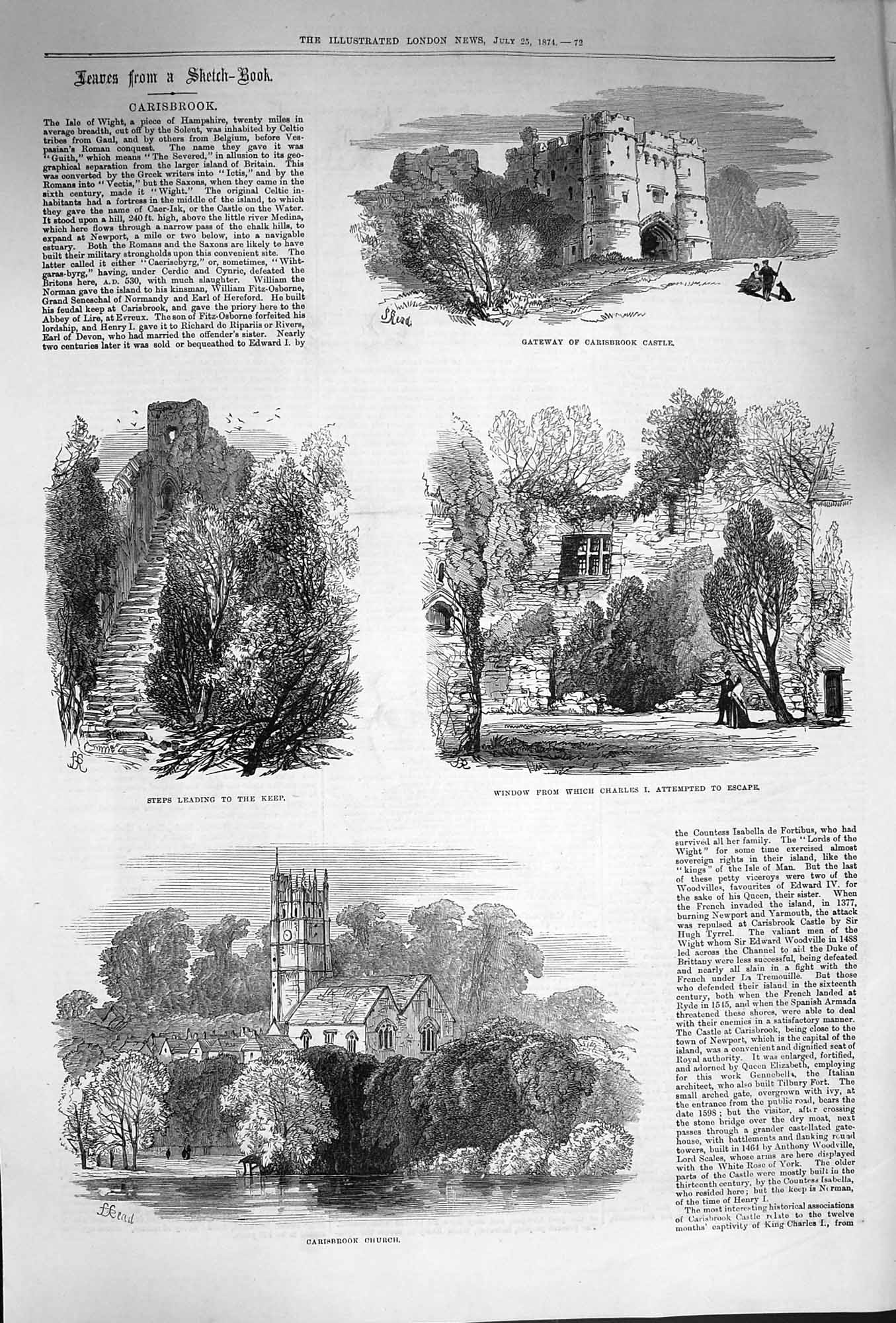 Old Antique Print 1874 Carisbrook Castle Church Steps Keep Architecture 19th