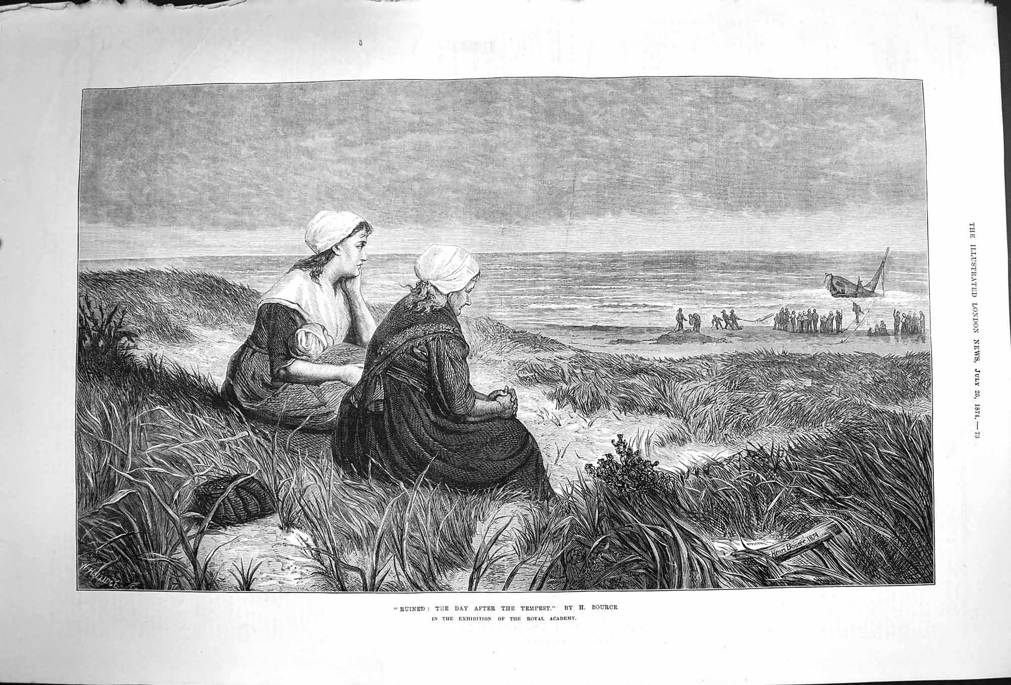 Old Antique Print 1874 Ruined Day After Tempest Ship Wreck Ladies Beach 19th