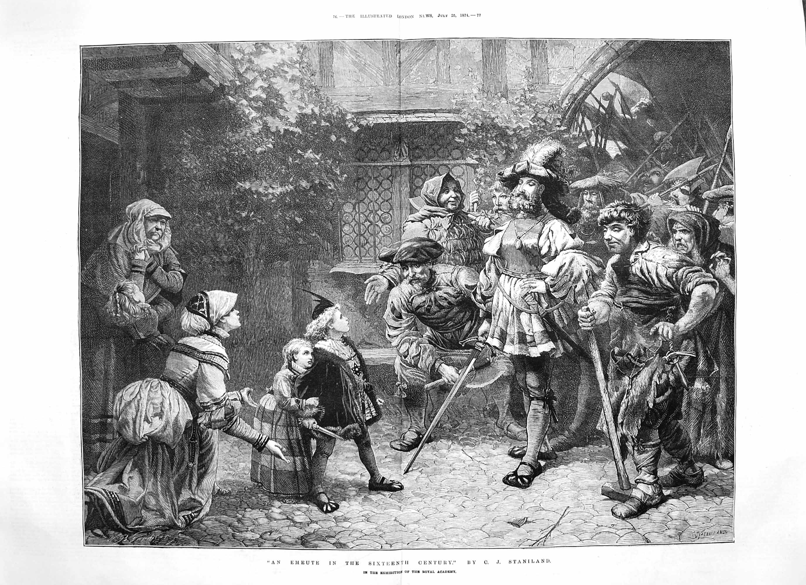 Original Old Antique Print 1874 Emeute Sixteenth Century Children Man Sword 0
