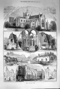 Old Antique Print 1874 Ripon Knaresborough Castle Cathedral Easby Abbey 19th