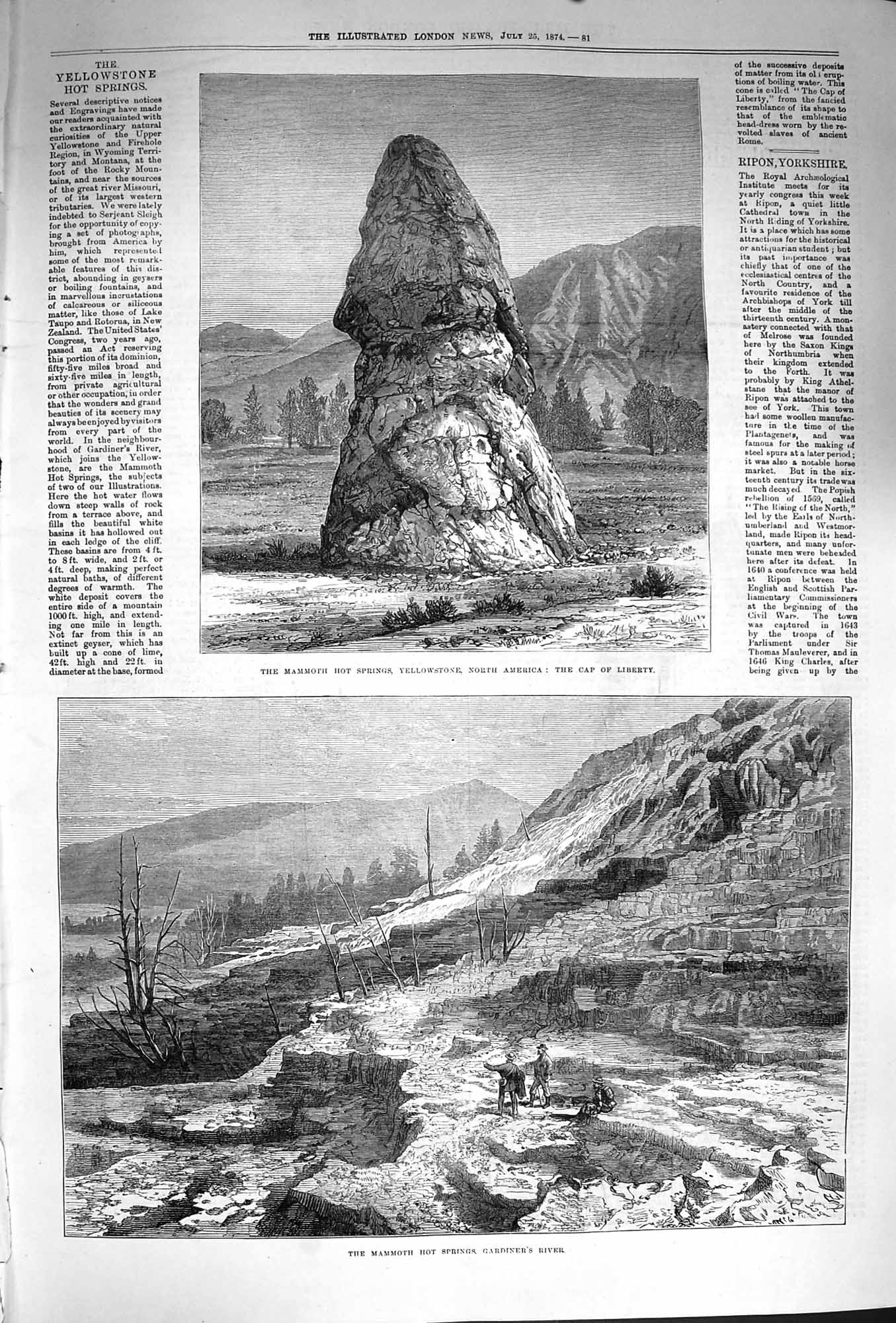 Original Old Antique Print 1874 Mammoth Hot Springs Yellowstone Cap Liberty