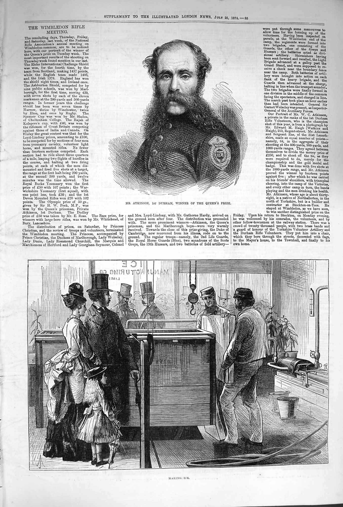 Old Antique Print 1874 Atkinson Durham Wimbledon Rifle Making Ice Machine 19th