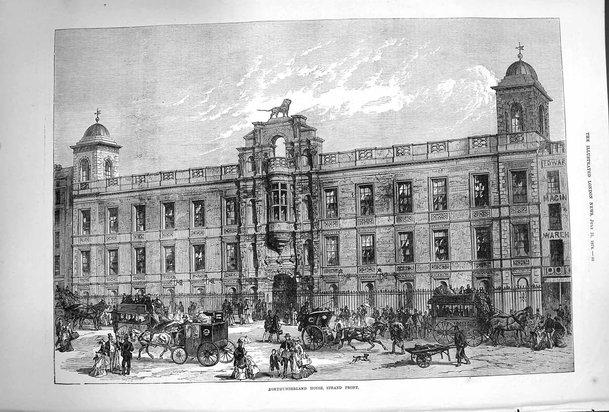 Original Old Antique Print 1874 Architecture Northumberland House Strand Front