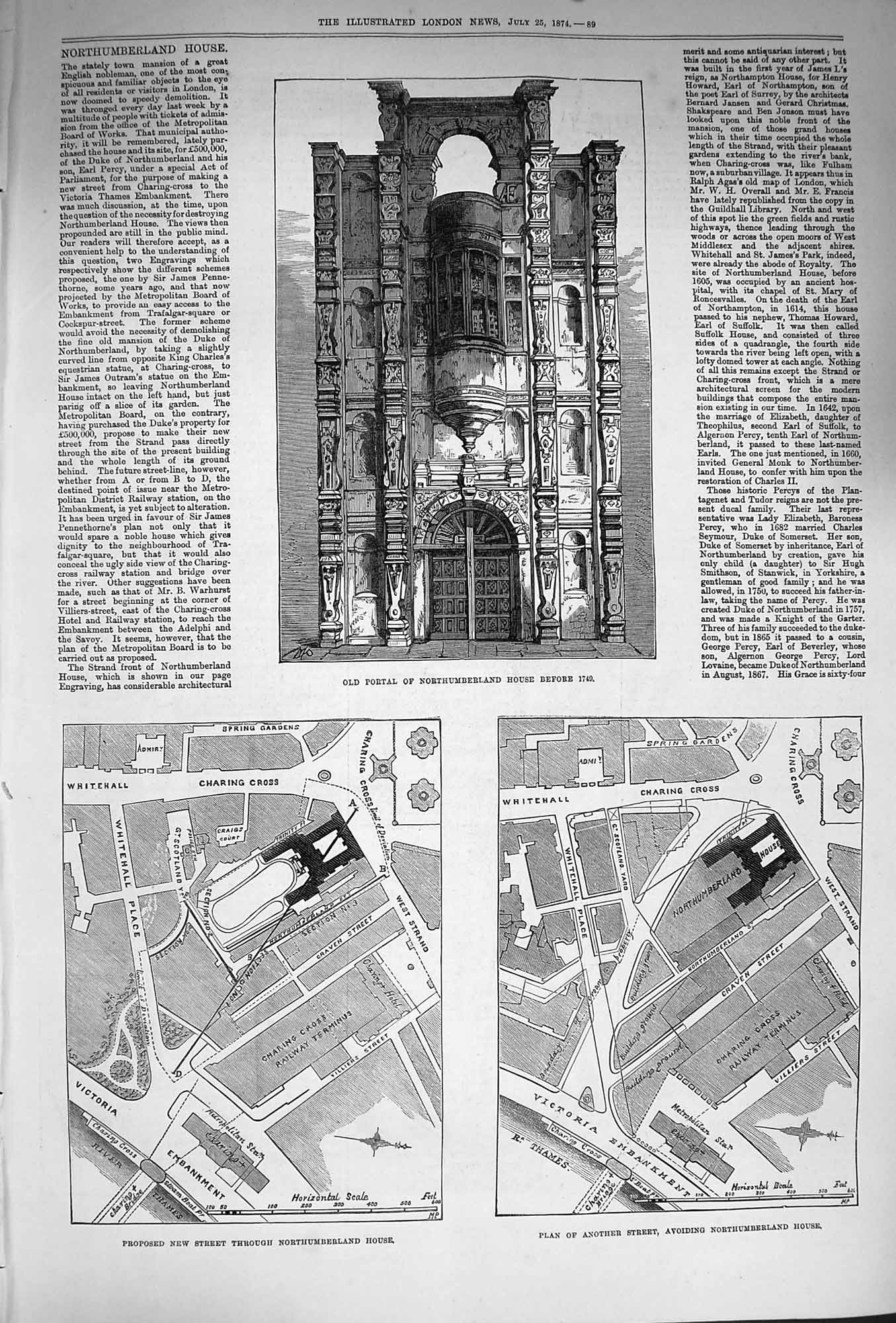 Original Old Antique Print 1874 Portal Northumberland House Street P Victorian