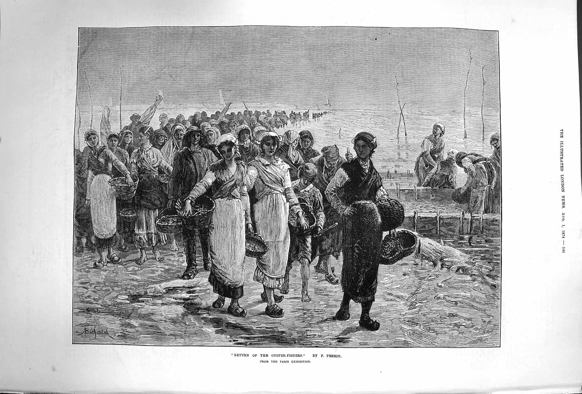 Original Old Antique Print 1874 Return Oyster Fishers Fishing Baskets Fine Art