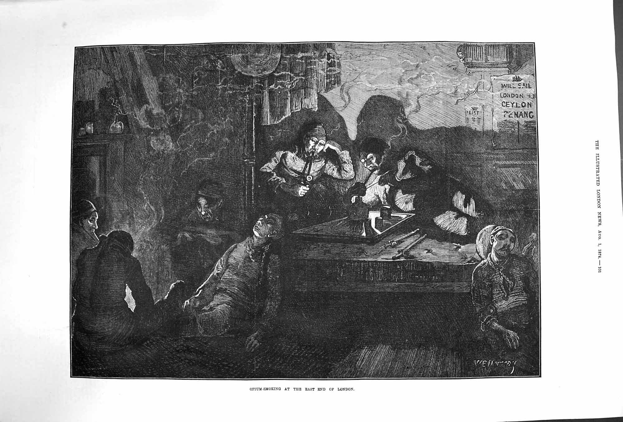 Original Old Antique Print 1874 Opium Smoking East End London Men F Victorian