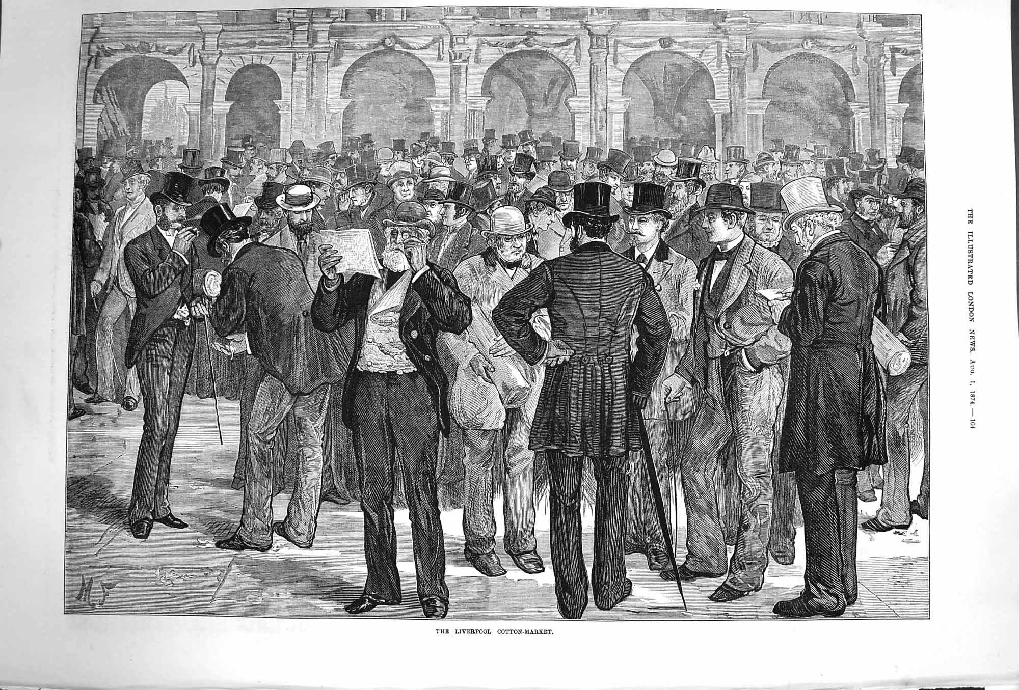 Old Antique Print *3316 1874 Liverpool Cotton Market Men Meeting Fine Art