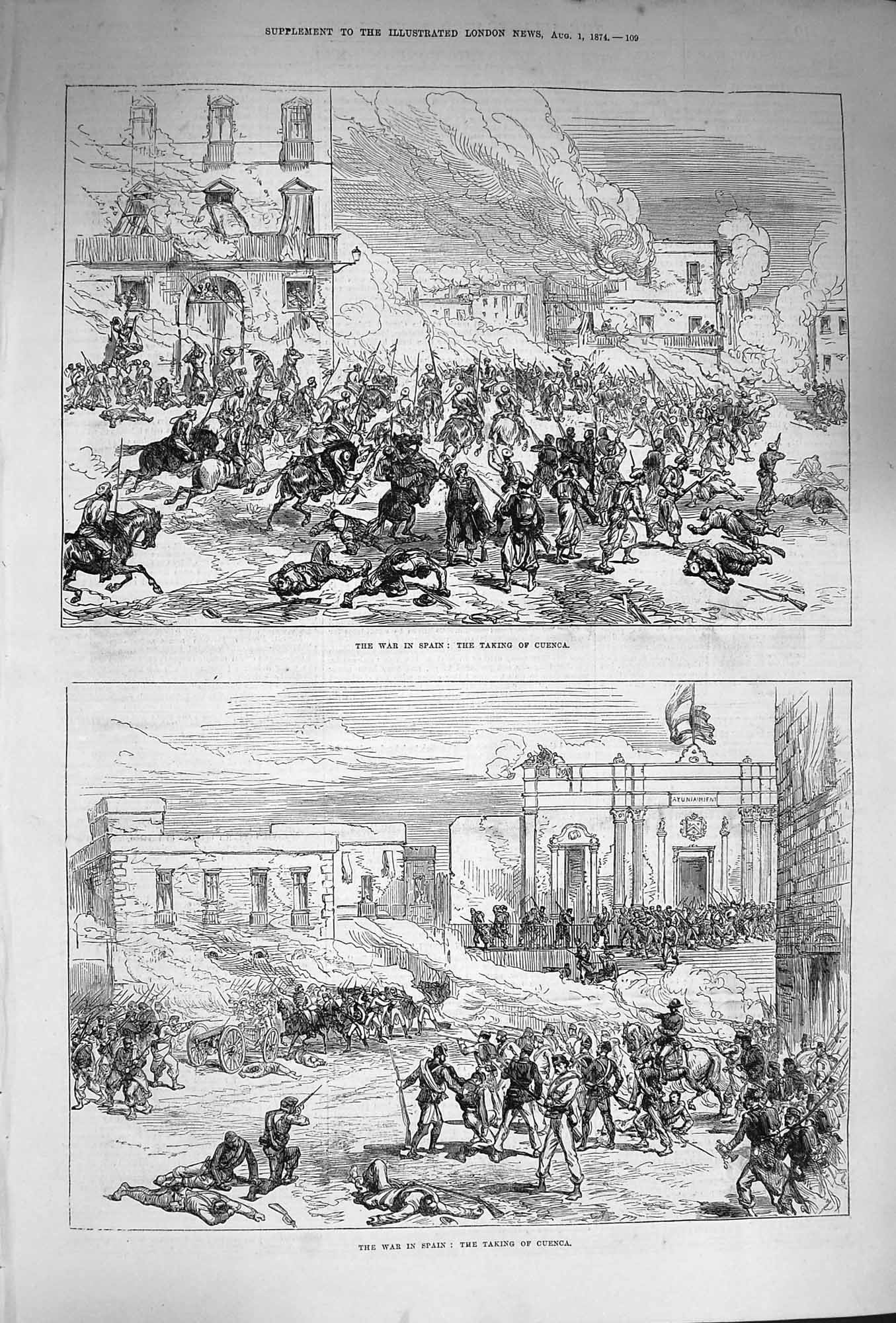Original Old Antique Print 1874 War Spain Cuenca Siers Battle Street Scene 19th