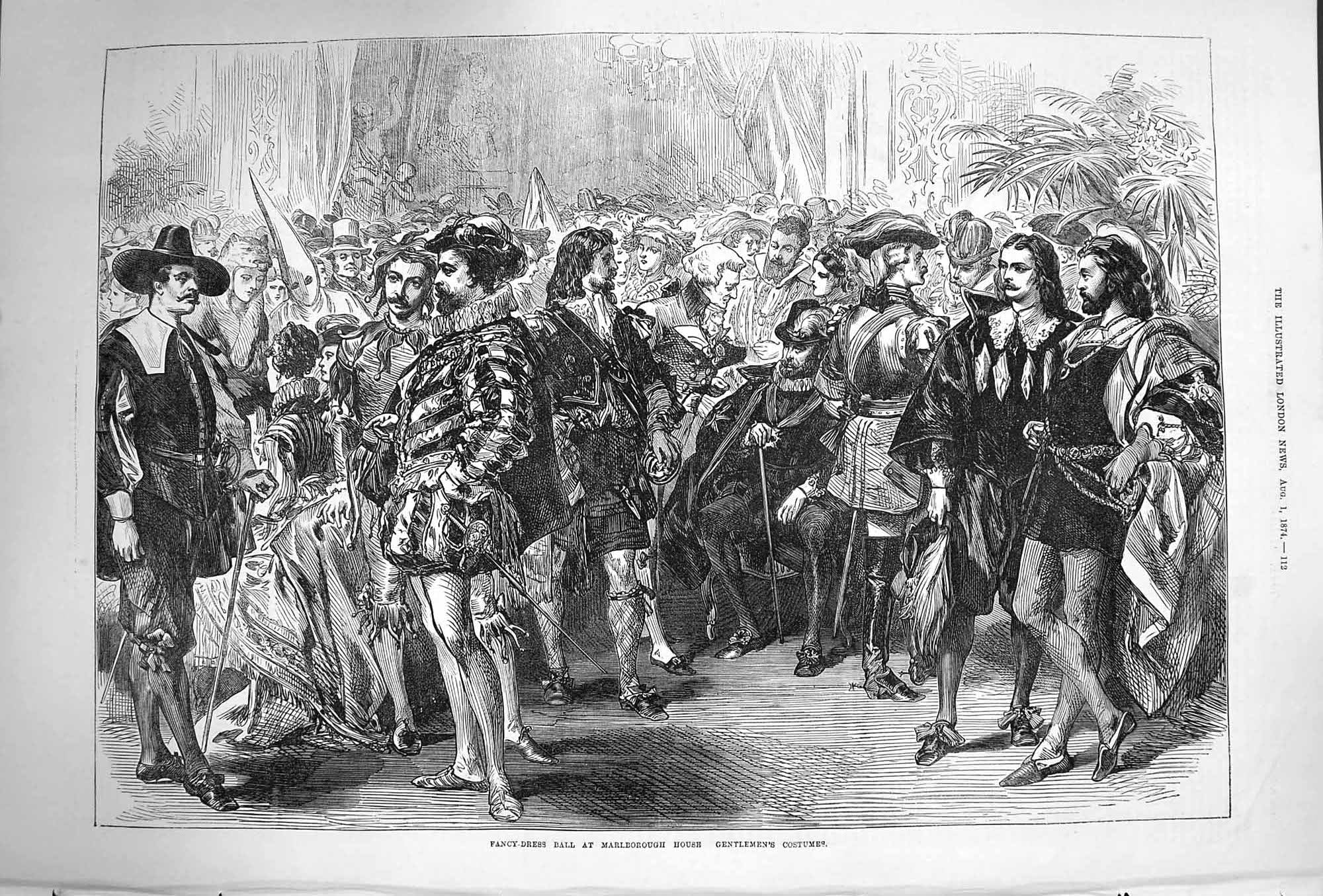 Original Old Antique Print 1874 Fancy Dress Ball Marlborough House Men Costumes