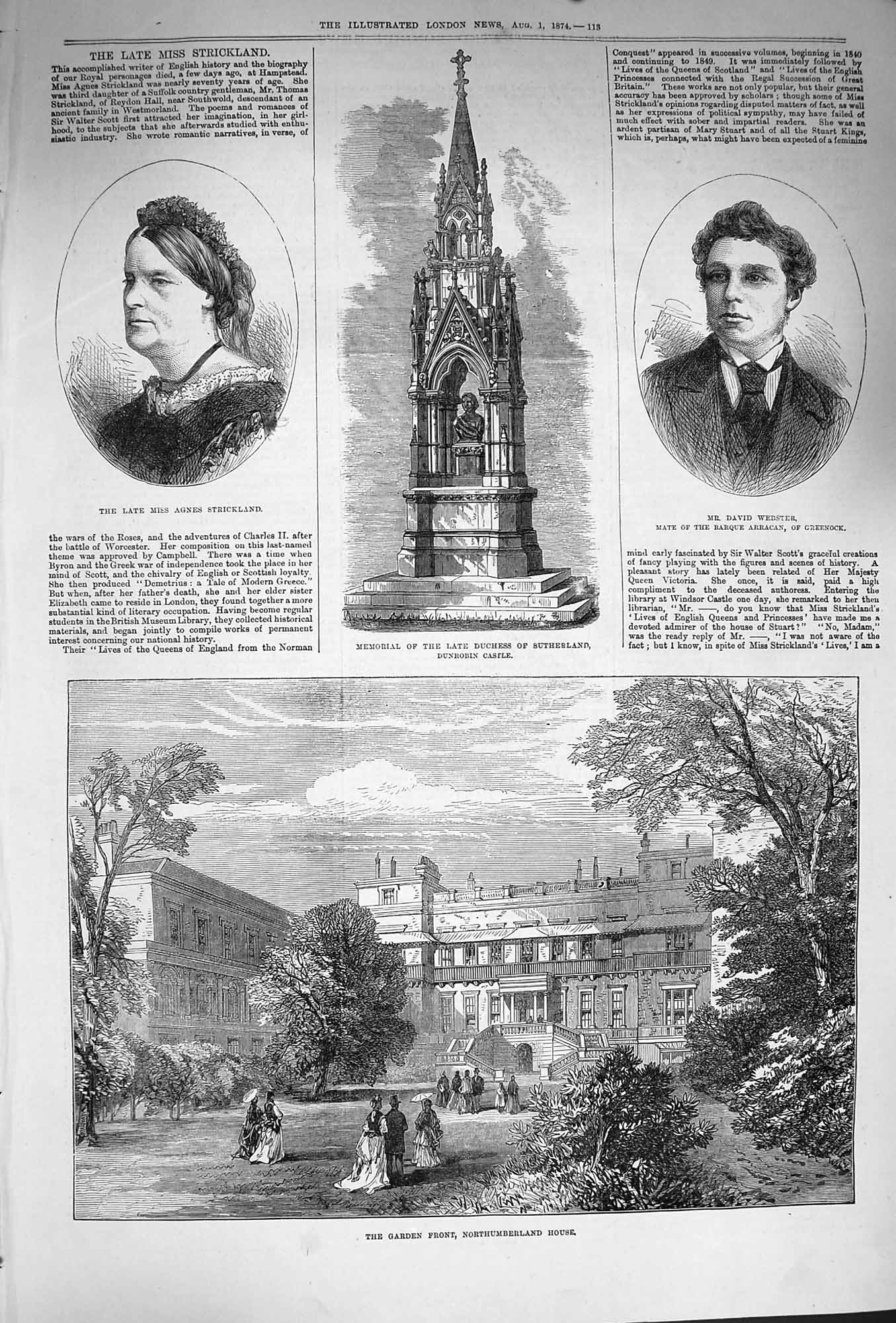 Original Old Antique Print 1874 Garden Northumberland House Strickland Dunrobin