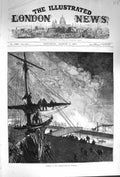 Original Old Antique Print 1874 Burning Landing-Stage Liverpool Fire Victorian