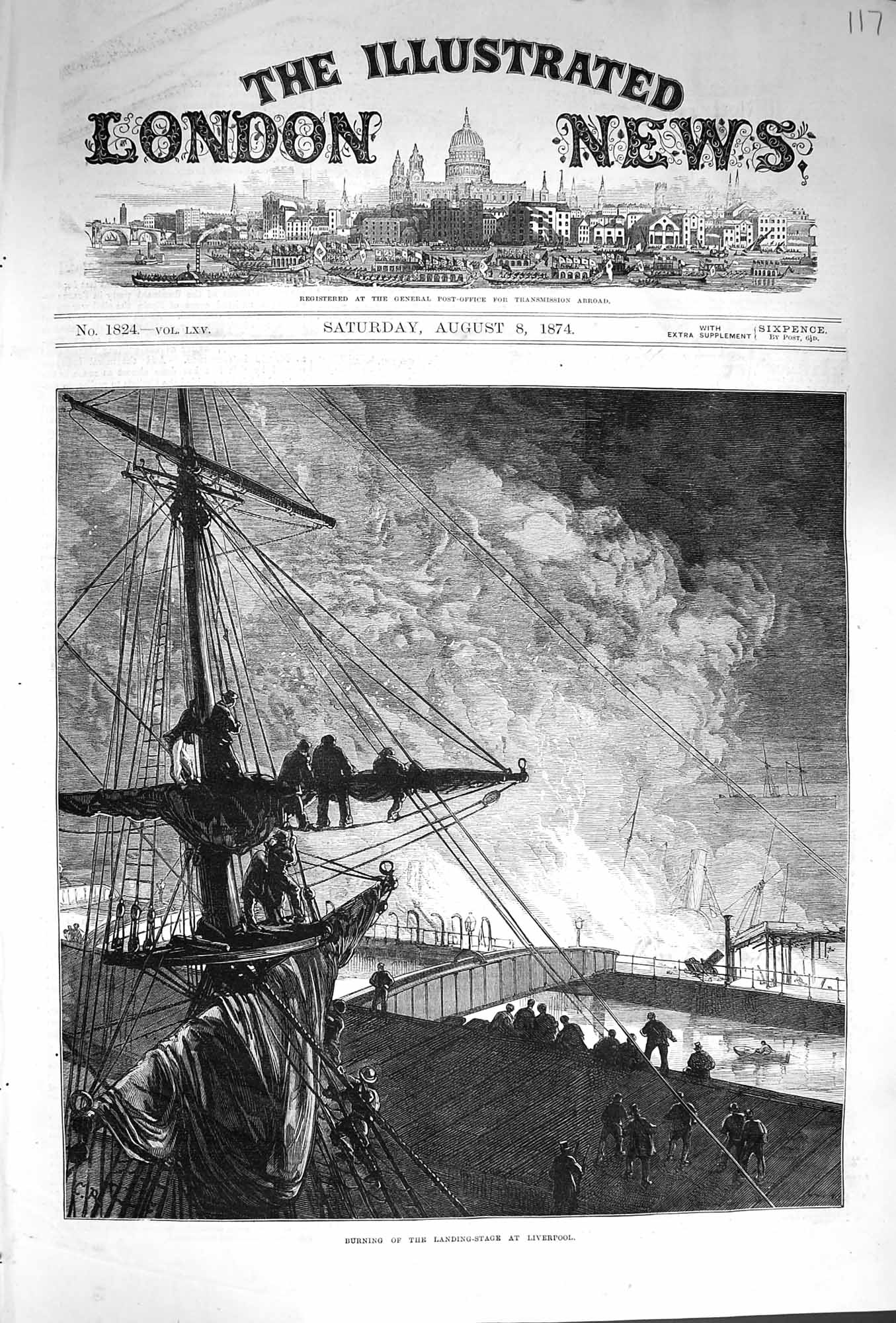 Original Old Antique Print 1874 Burning Landing-Stage Liverpool Fire Victorian