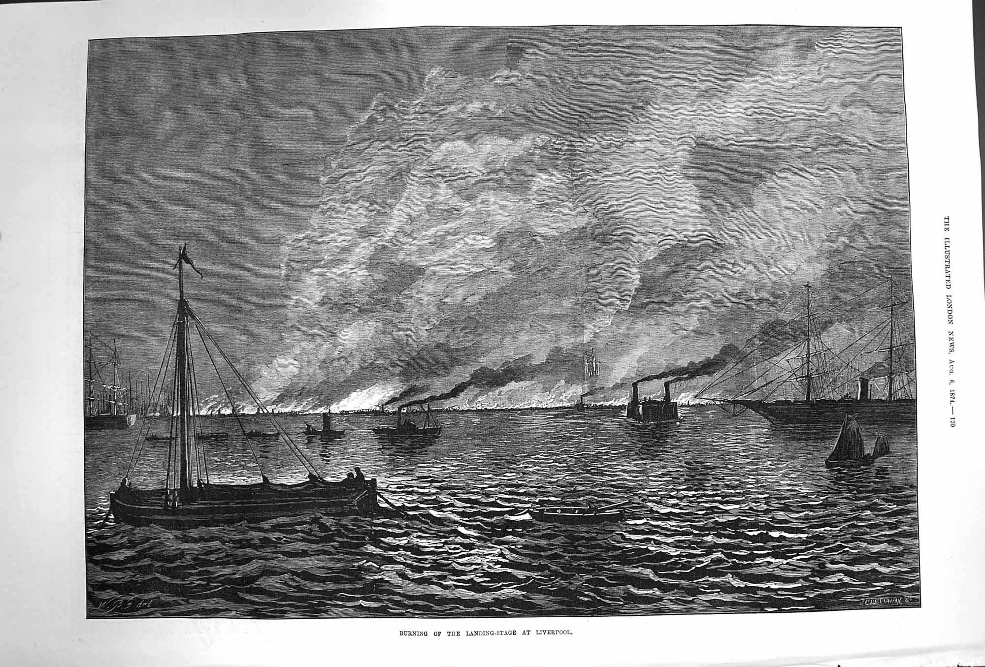 Original Old Antique Print 1874 Burning Landing Stage Liverpool Boa Victorian