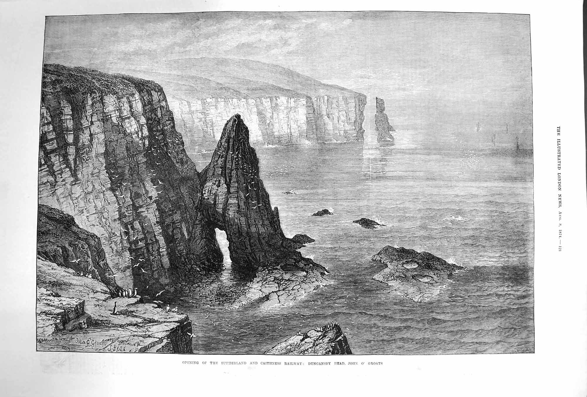 Original Old Antique Print 1874 Caithness Railway Duncansby Head John O' Groats
