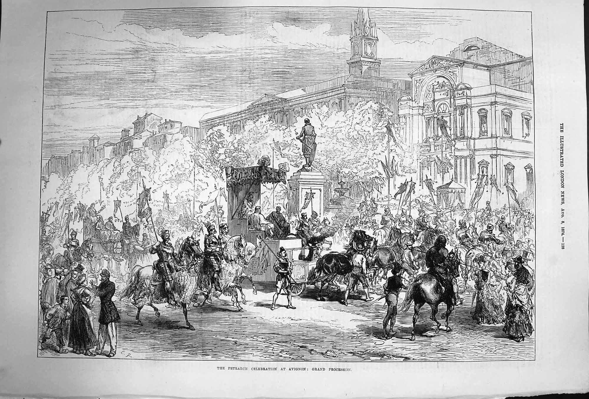 Original Old Antique Print 1874 Petrarch Celebration Avignon Grand Procession