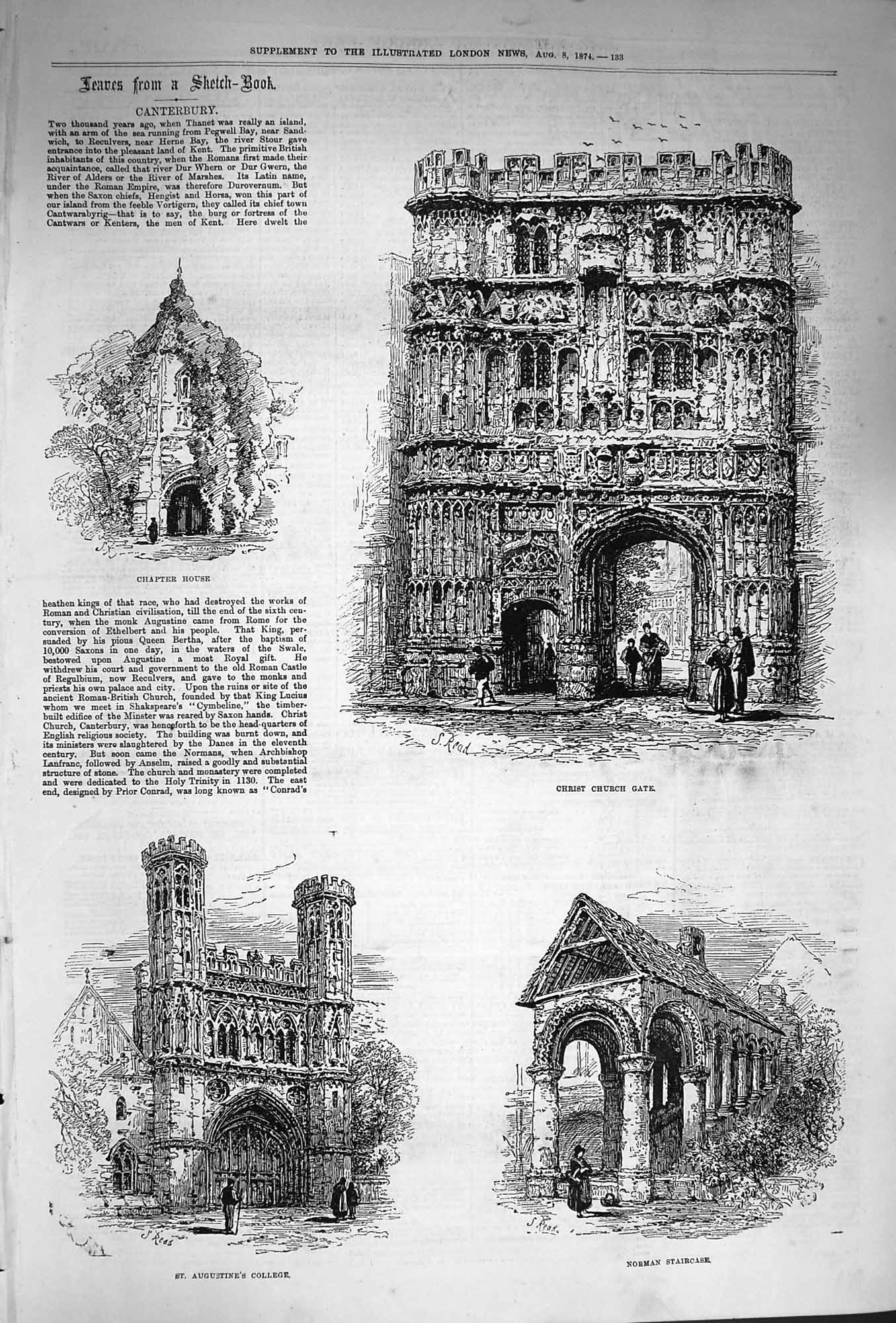 Original Old Antique Print 1874 Canterbury Chapter House Christ Church College