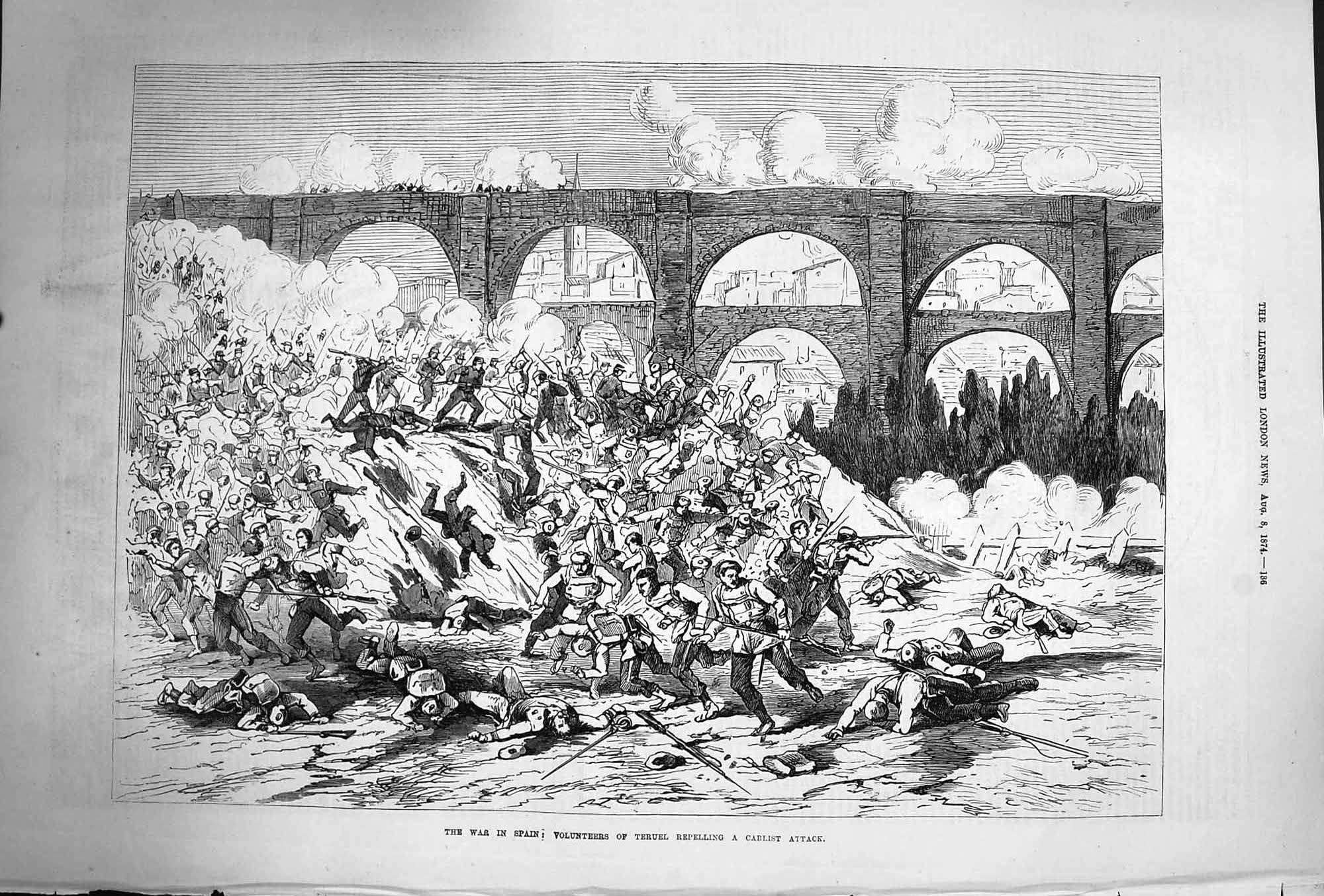 Original Old Antique Print 1874 War Spain Volunteers Teruel Carlist Attack Army