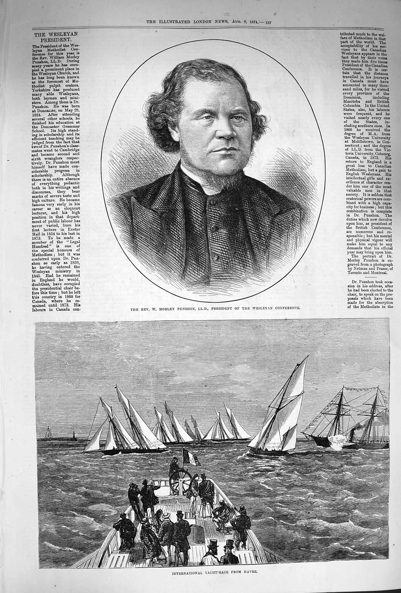 Original Old Antique Print 1874 Rev. Morley Punshon Yacht Sailing Race Havre