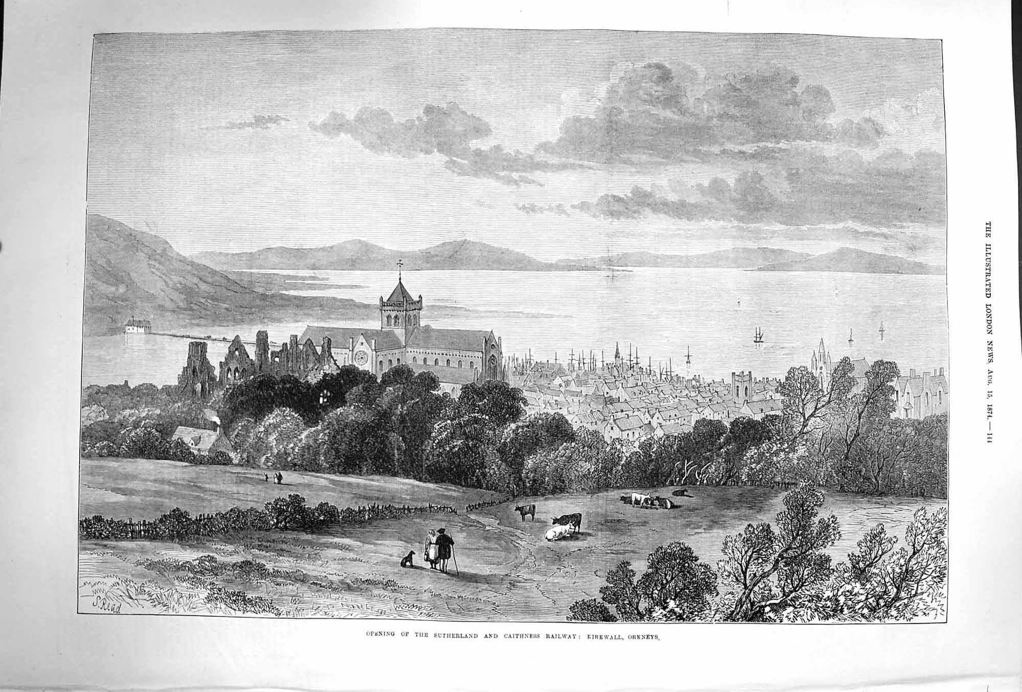 Old Antique Print 1874 Sutherland Caithness Railway View Kirkwall Orkney 19th