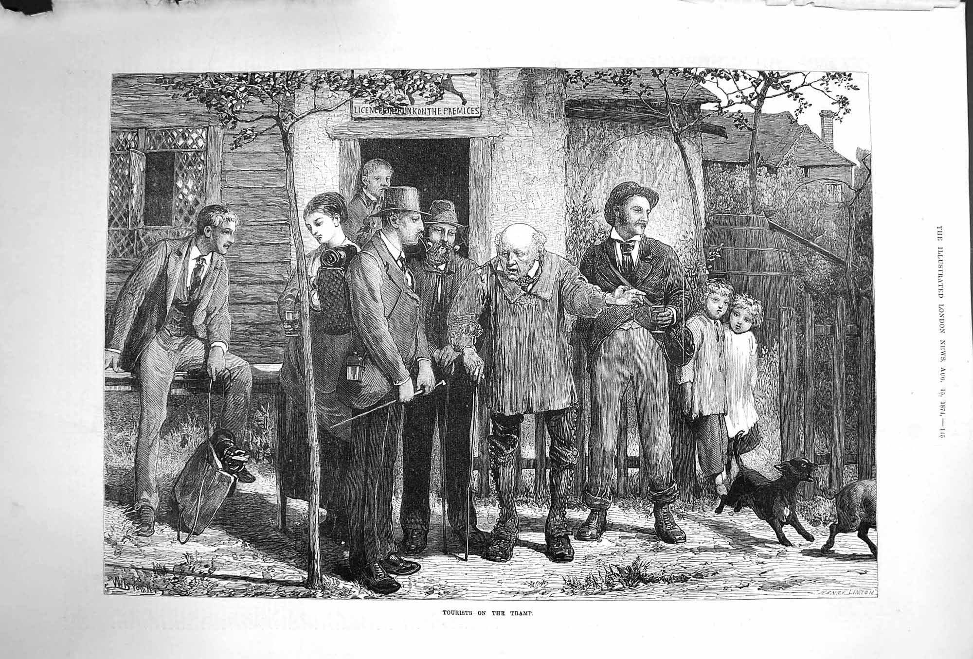 Original Old Antique Print 1874 Tourists Tramp Poor Man Public House Fine Art