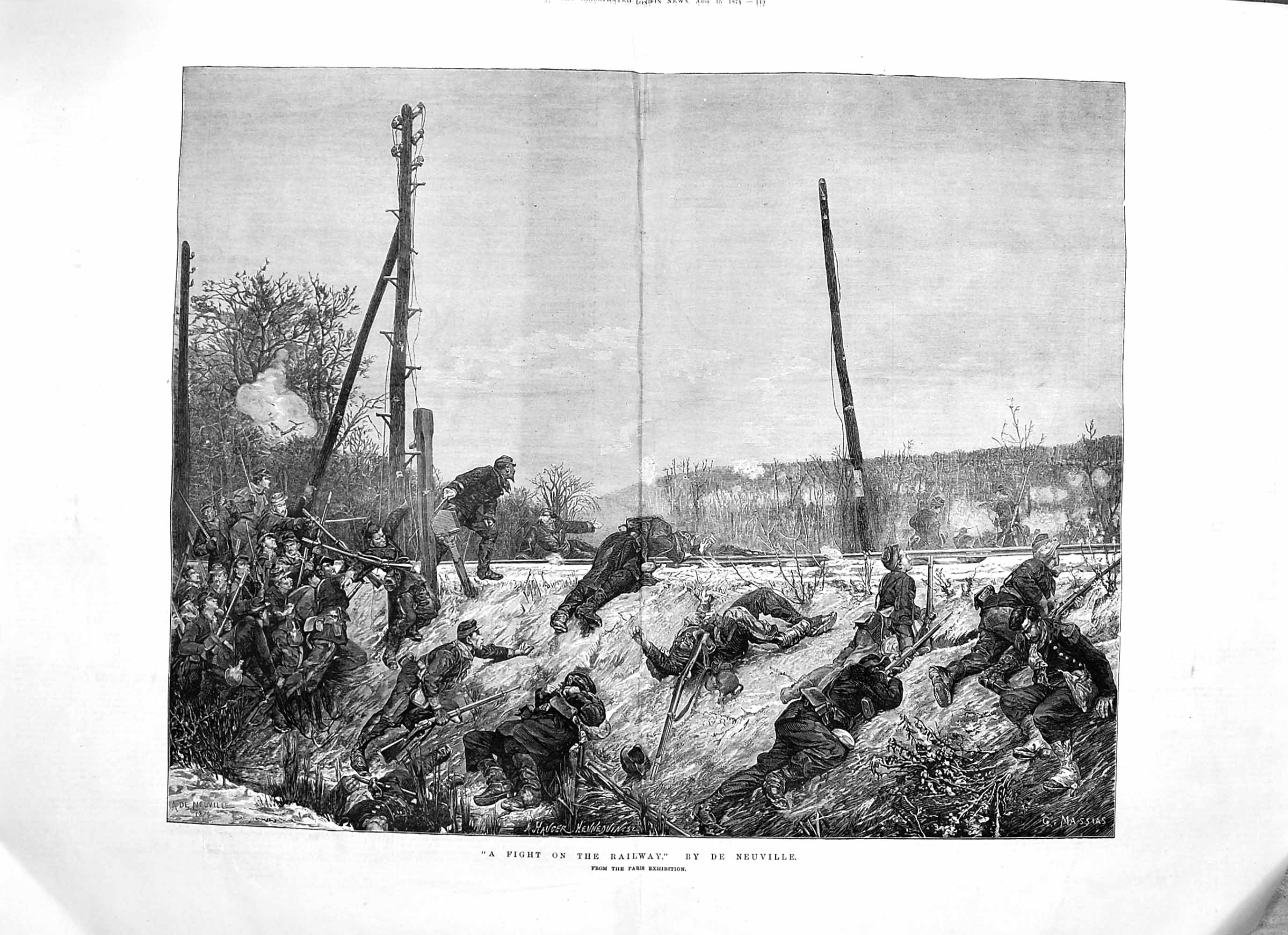 Original Old Antique Print 1874 Fight Railway Tracks Siers Battle War Fine Art
