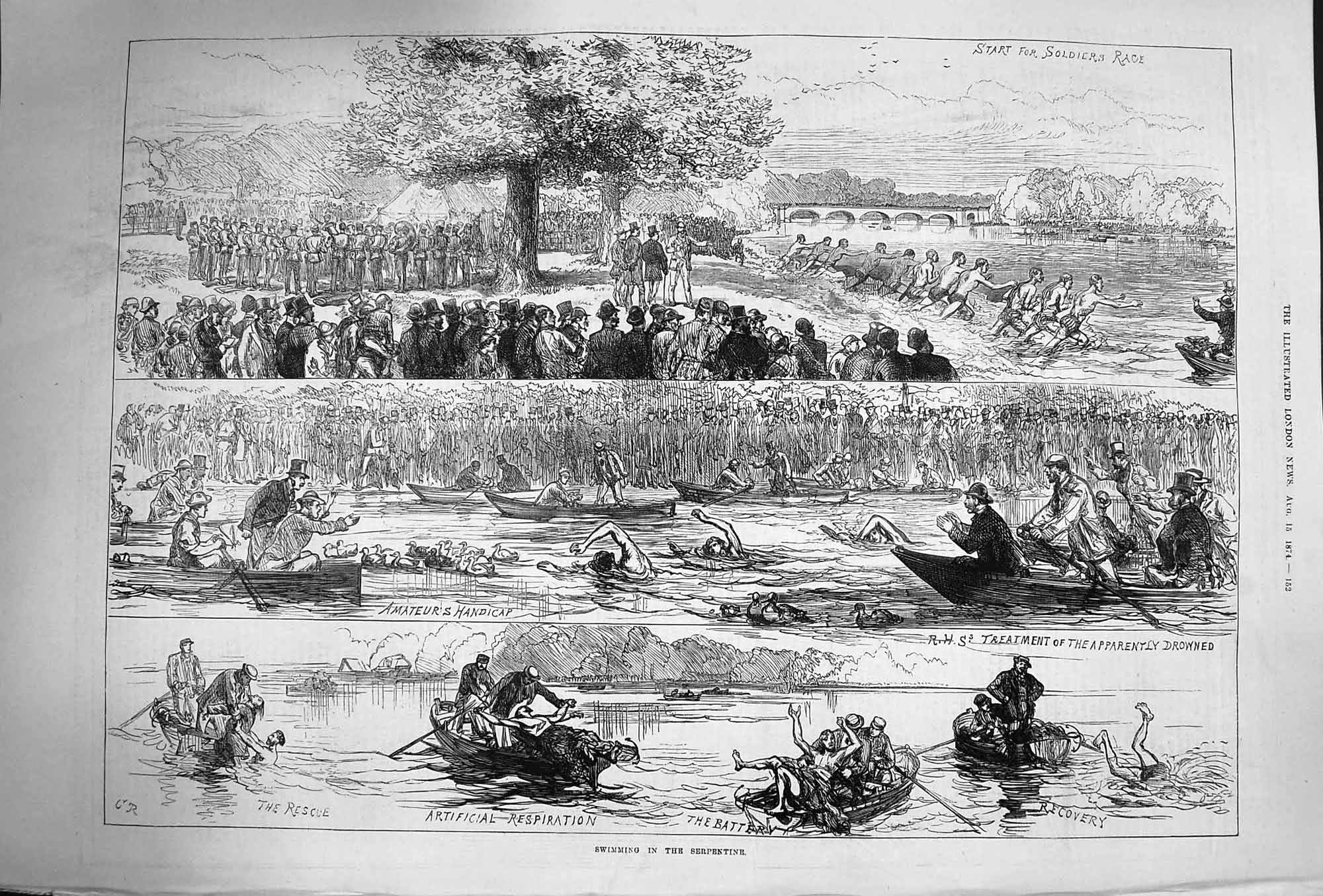 Original Old Antique Print 1874 Swimming Serpentine River Siers Rac Victorian