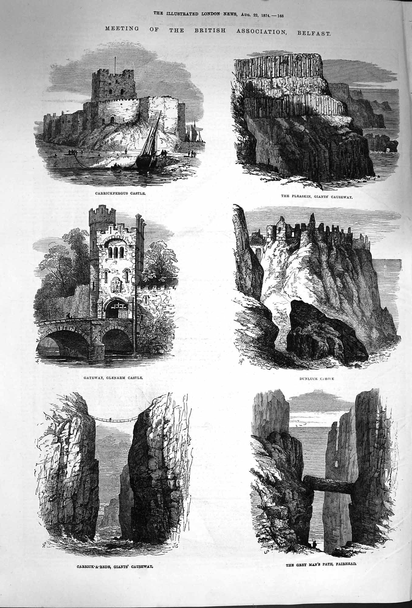 Original Old Antique Print 1874 Carrickfergus Castle Giant'S Causeway Dunlu 19th