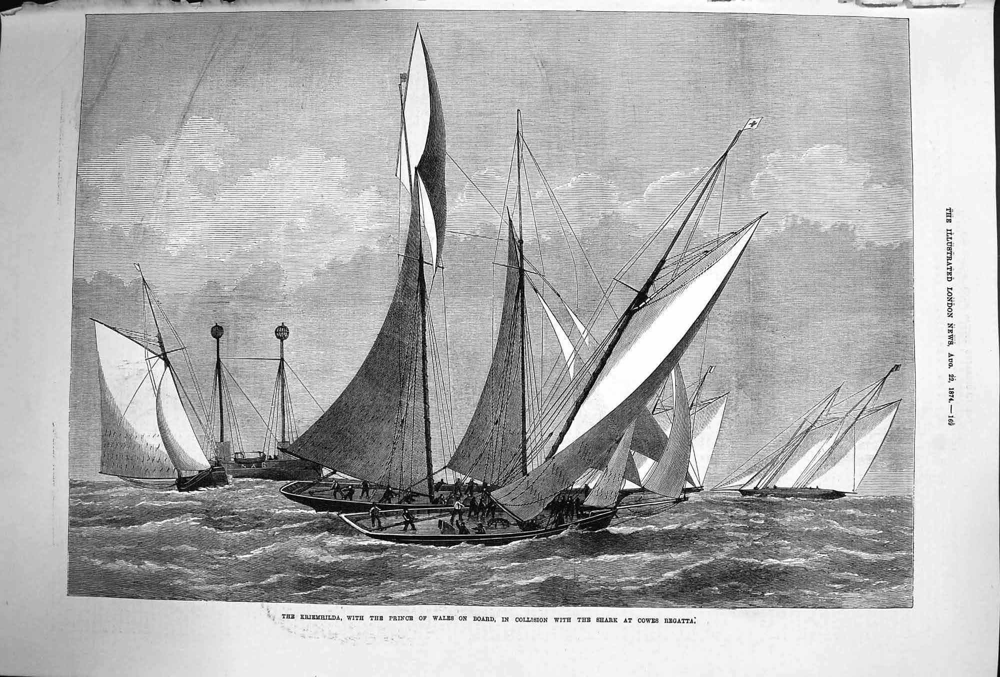 Old Antique Print 1874 Kriemhilda Prince Wales Yacht Shark Cowes Regatta 19th