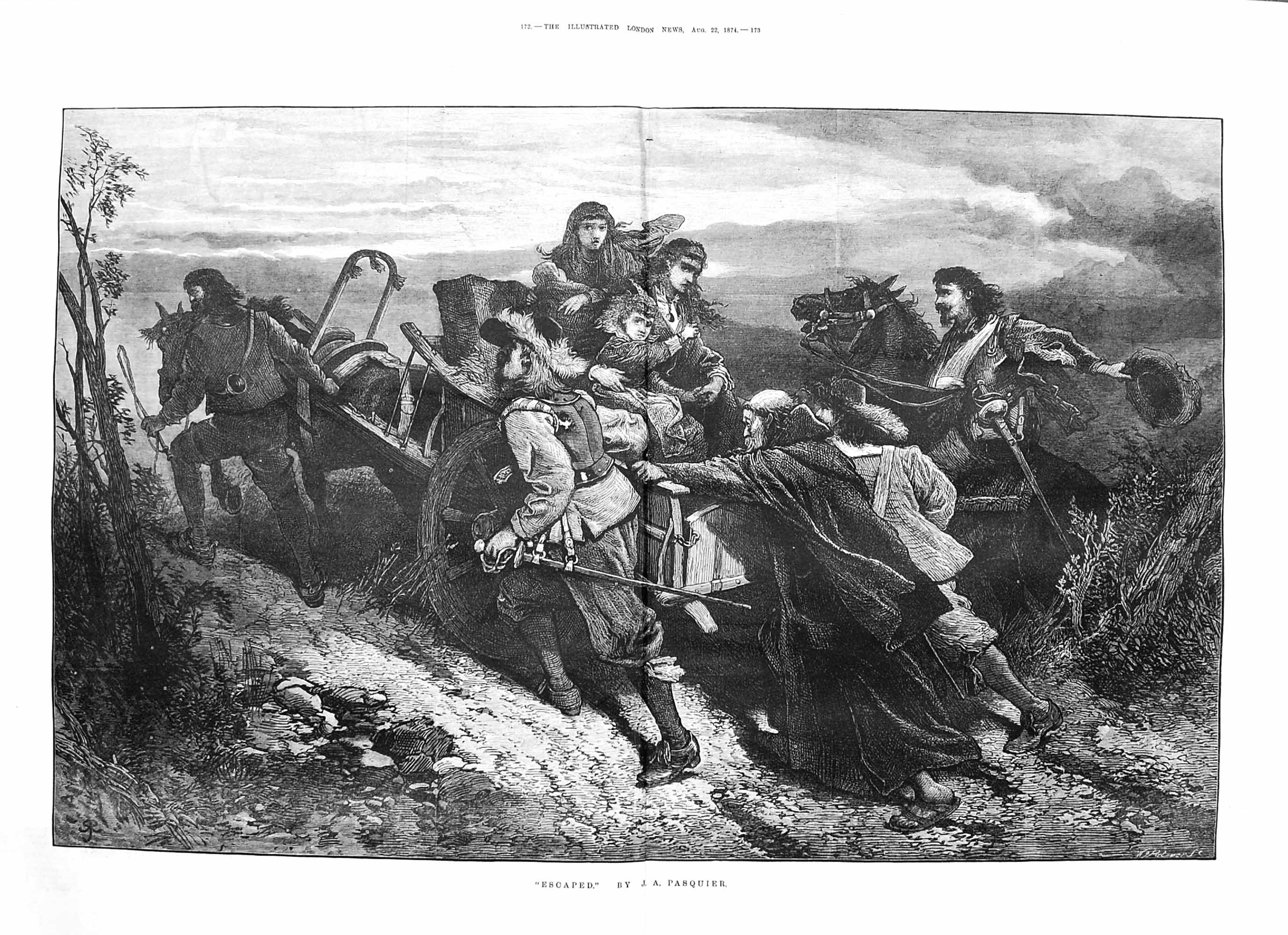Original Old Antique Print 1874 Escaped Family Horses Cart Mountains Fine Art