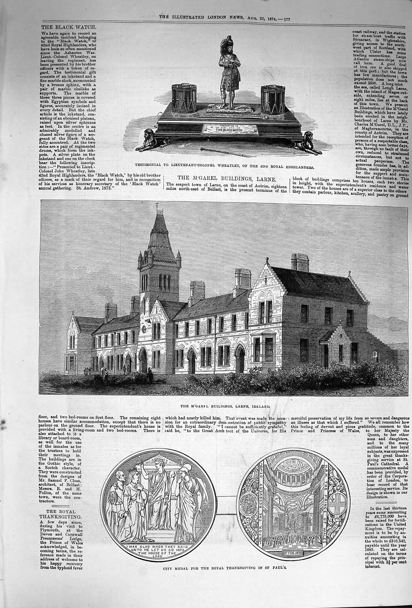 Old Antique Print 1874 M'Garel Larne Ireland Medal Wheatley Highlanders 19th