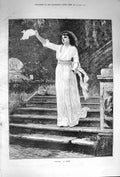 Original Old Antique Print 1874 Fine Art Beautiful Girl Steps House Welcome