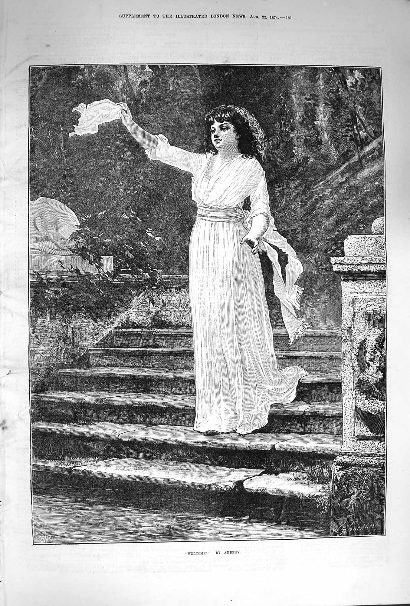 Original Old Antique Print 1874 Fine Art Beautiful Girl Steps House Welcome