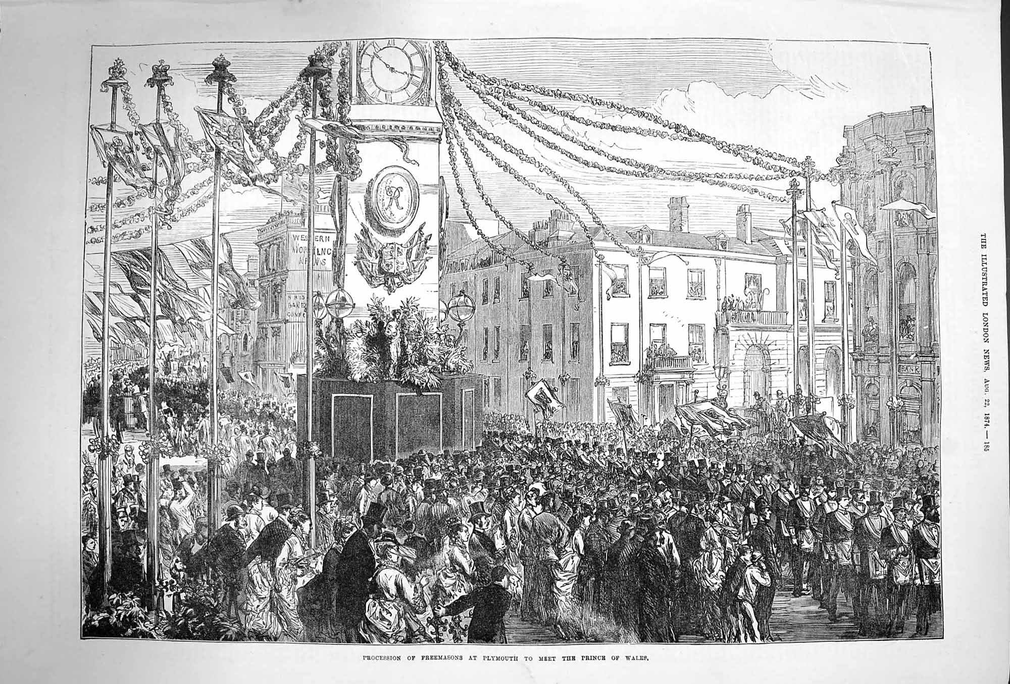 Original Old Antique Print 1874 Procession Freemasons Plymouth Prince Wales