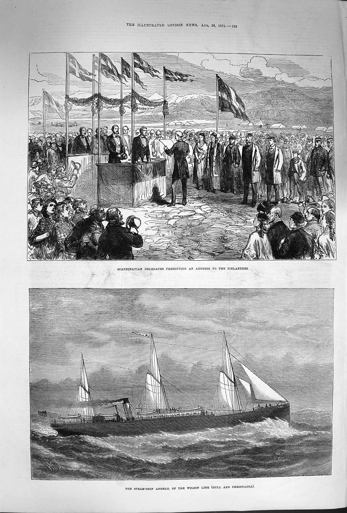 Old Antique Print 1874 Steam Ship Angelo Wilson Line Icelanders Delegates 19th