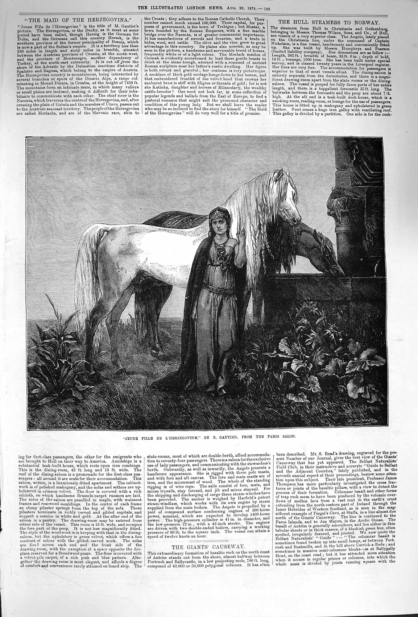 Old Antique Print 1874 Jeune Fille L'Herzegovine Lady Horse Paris Salon 19th