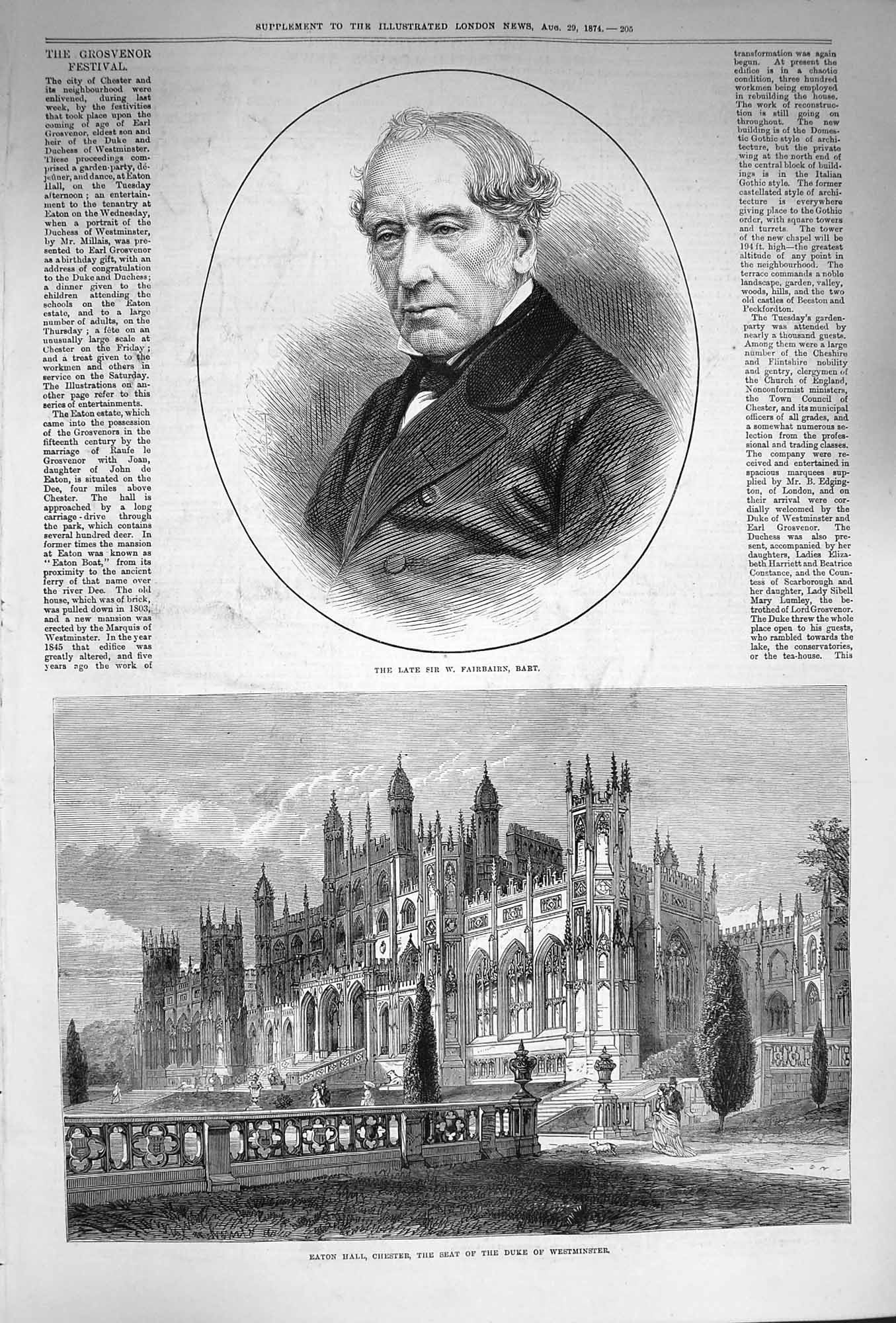 Old Antique Print 1874 Eaton Hall Chester Duke Westminster Fairbairn Bart 19th