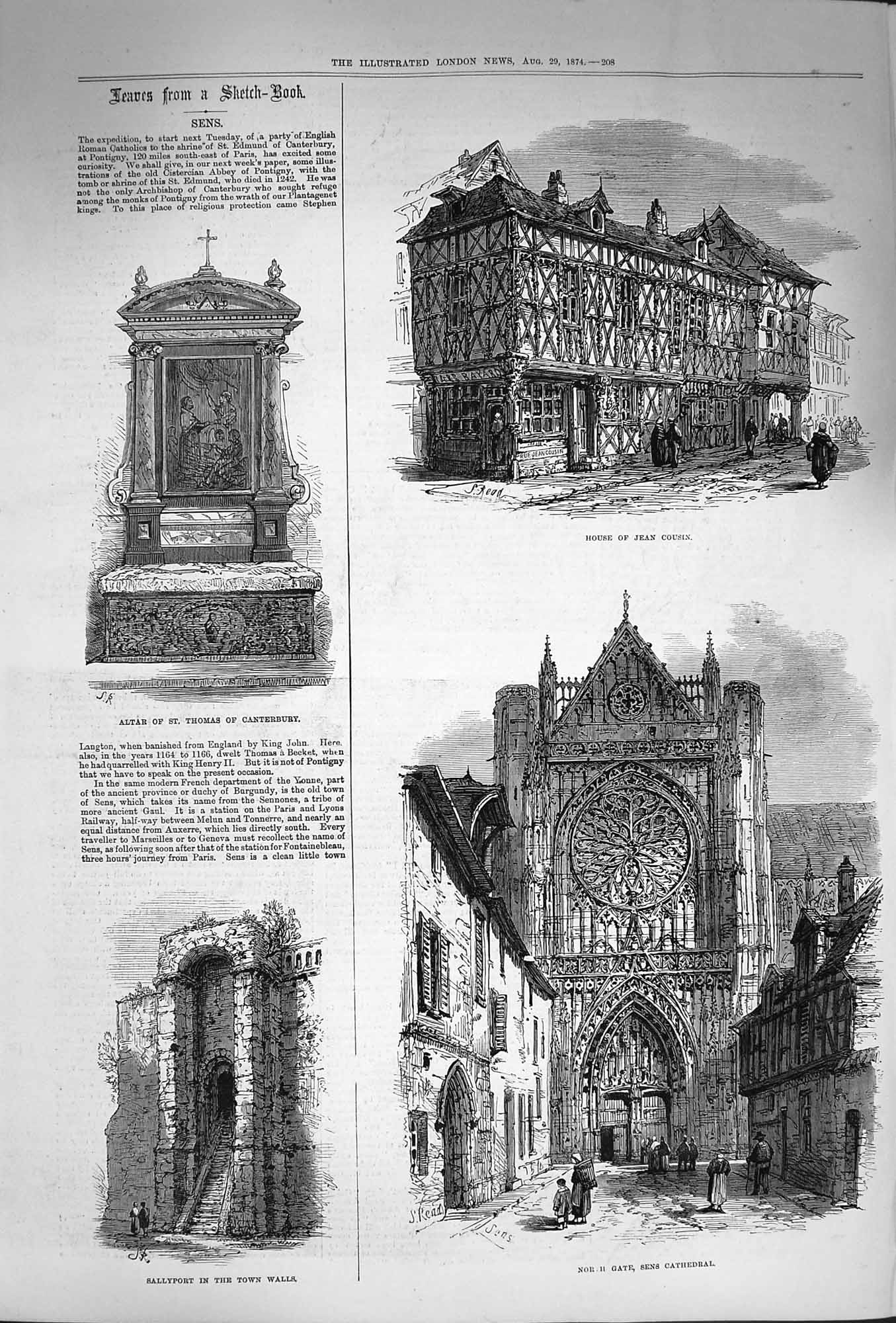 Old Antique Print 1874 House Jean Cousin Sens Cathedral Altar Canterbury 19th