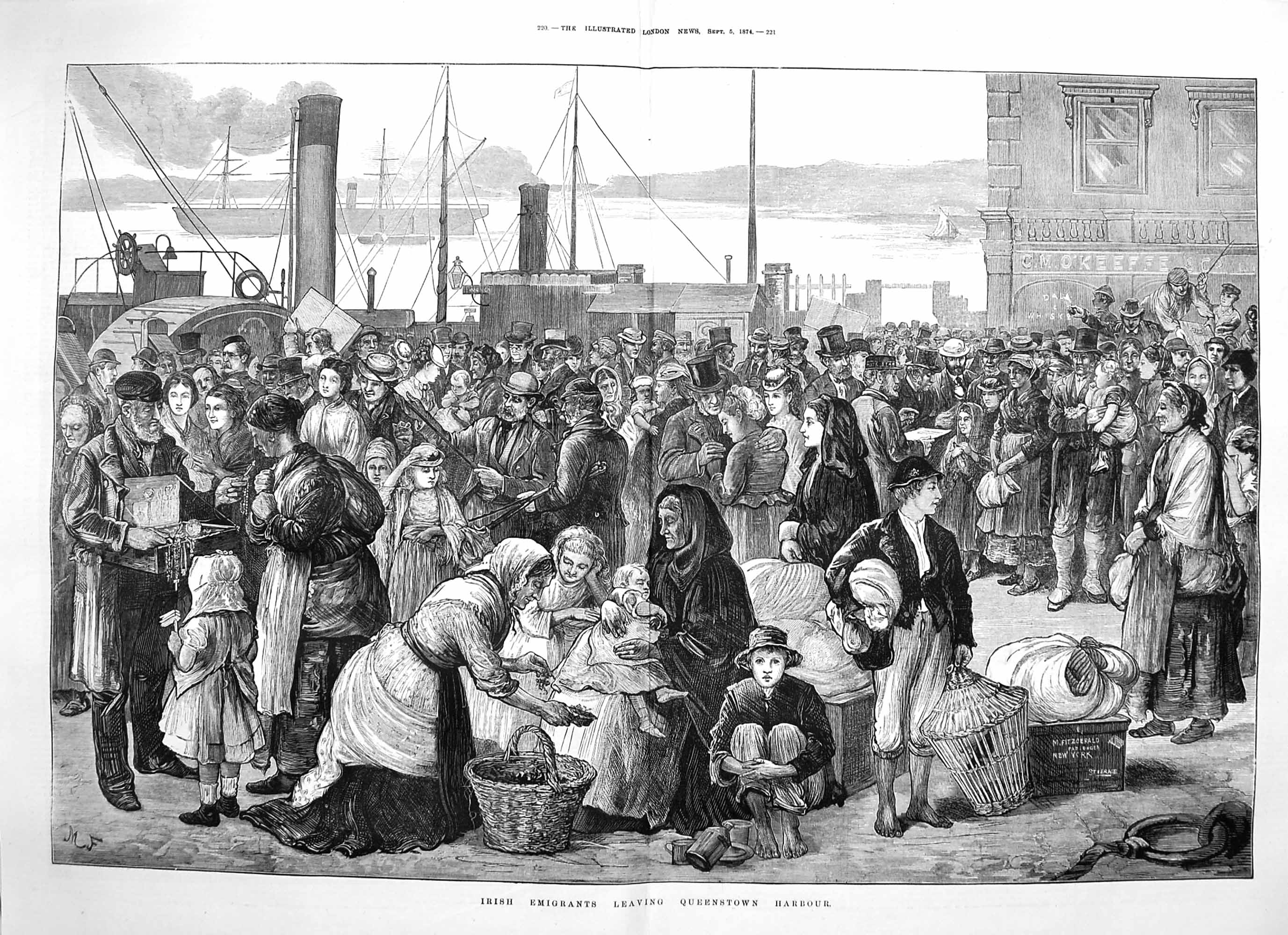 Original Old Antique Print 1874 Irish Emigrants Leaving Queenstown Harbour 19th
