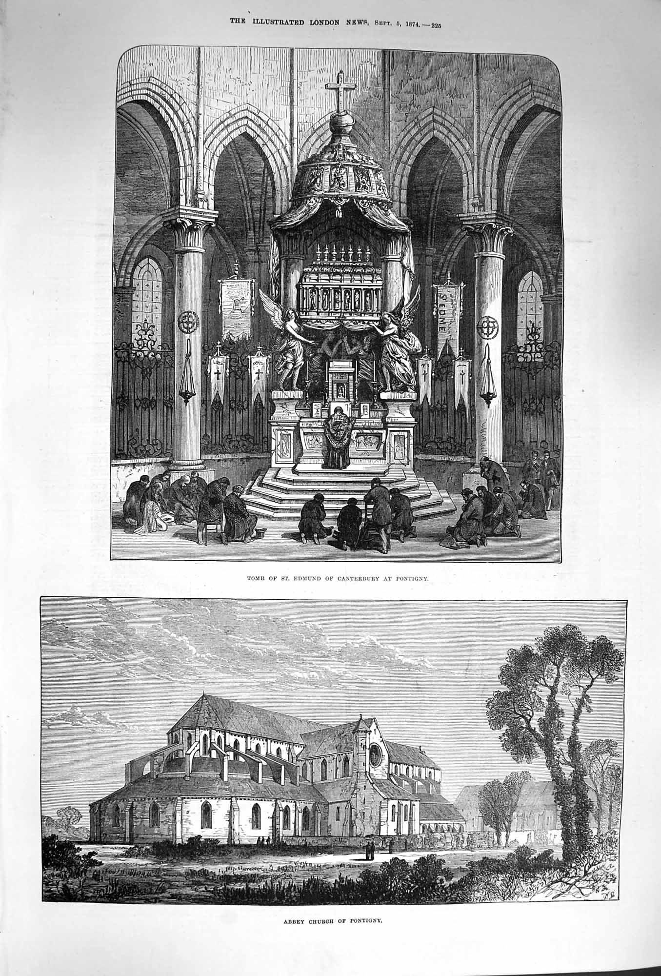Original Old Antique Print 1874 Tomb Edmund Canterbury Pontigny Abbey Victorian