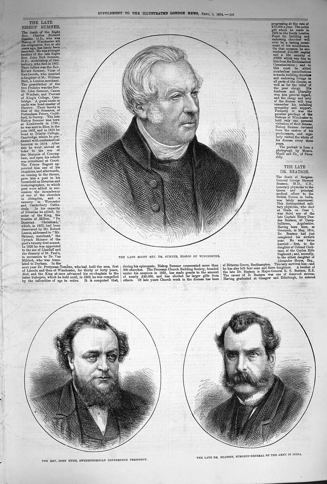 Old Antique Print 1874 Sumner Bishop Winchester John Hyde Beatson India 19th