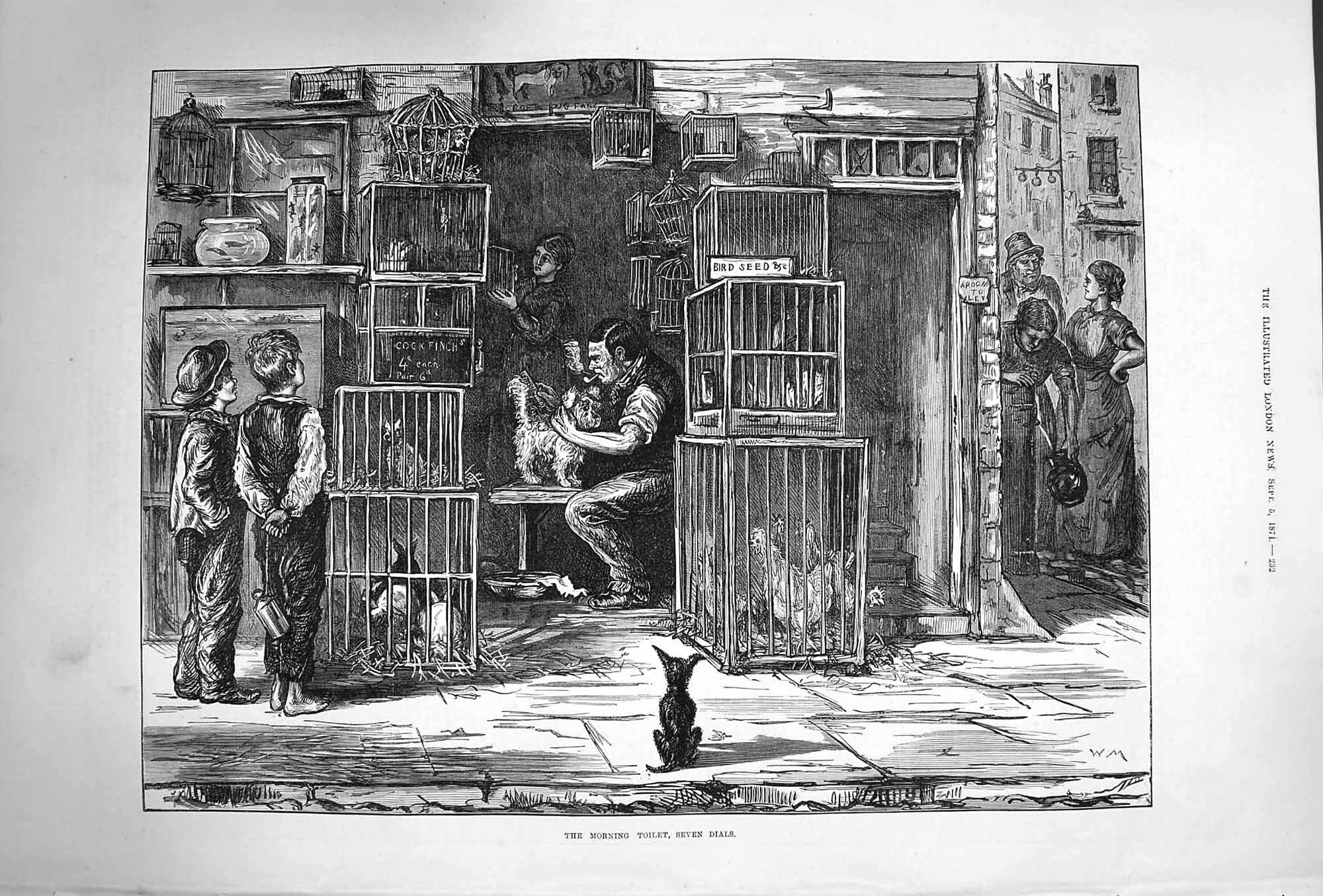 Original Old Antique Print 1874 Morning Toilet Seven Dials Animals Cages Street