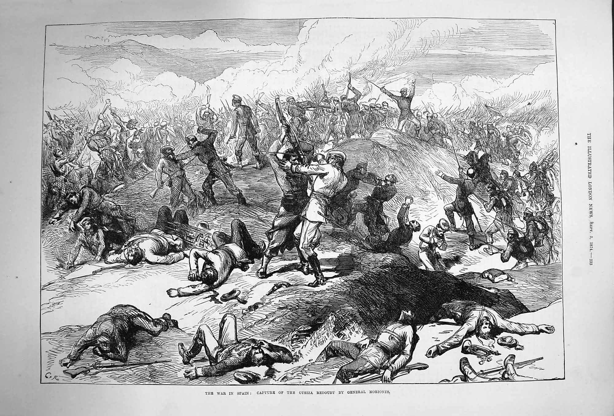 Original Old Antique Print 1874 War Spain Capture Oteiza Redoubt Moriones Siers
