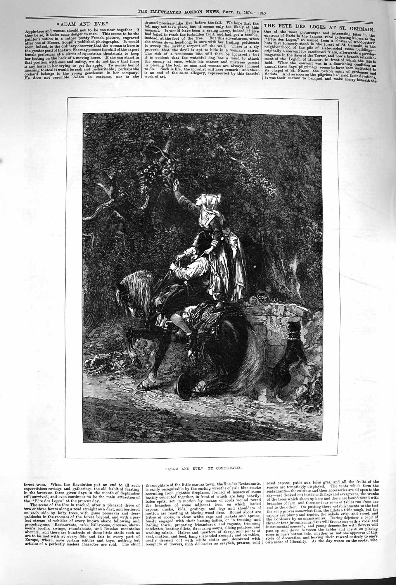 Original Old Antique Print 1874 Adam Eve Apple Tree Horses Comte-Calix 19th