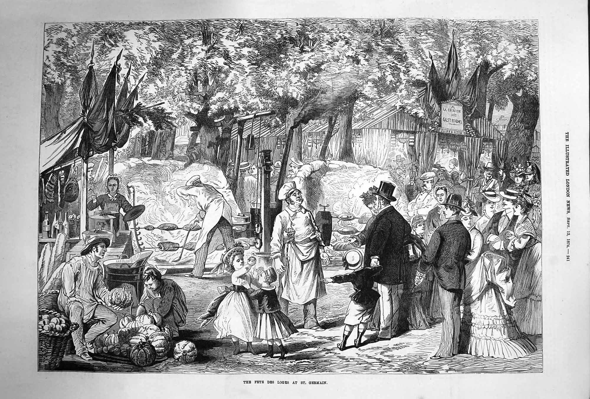 Original Old Antique Print 1874 Fete Des Loges St. Germain Family Fun Day Out