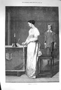 Original Old Antique Print 1874 Indecision Beautiful Lady Stamp Candle 19th