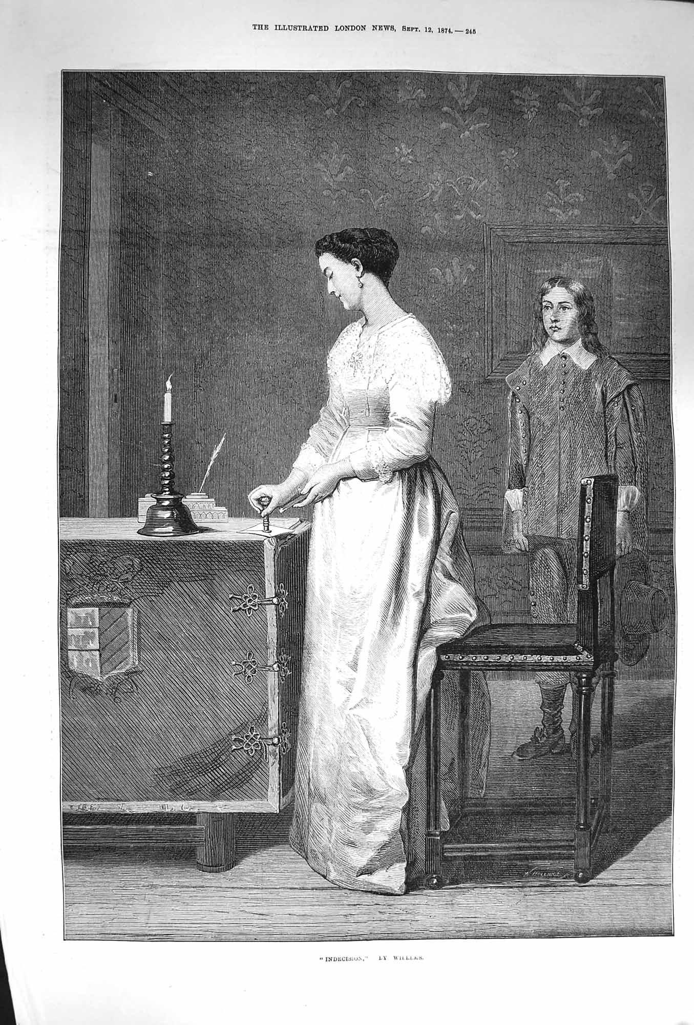 Original Old Antique Print 1874 Indecision Beautiful Lady Stamp Candle 19th