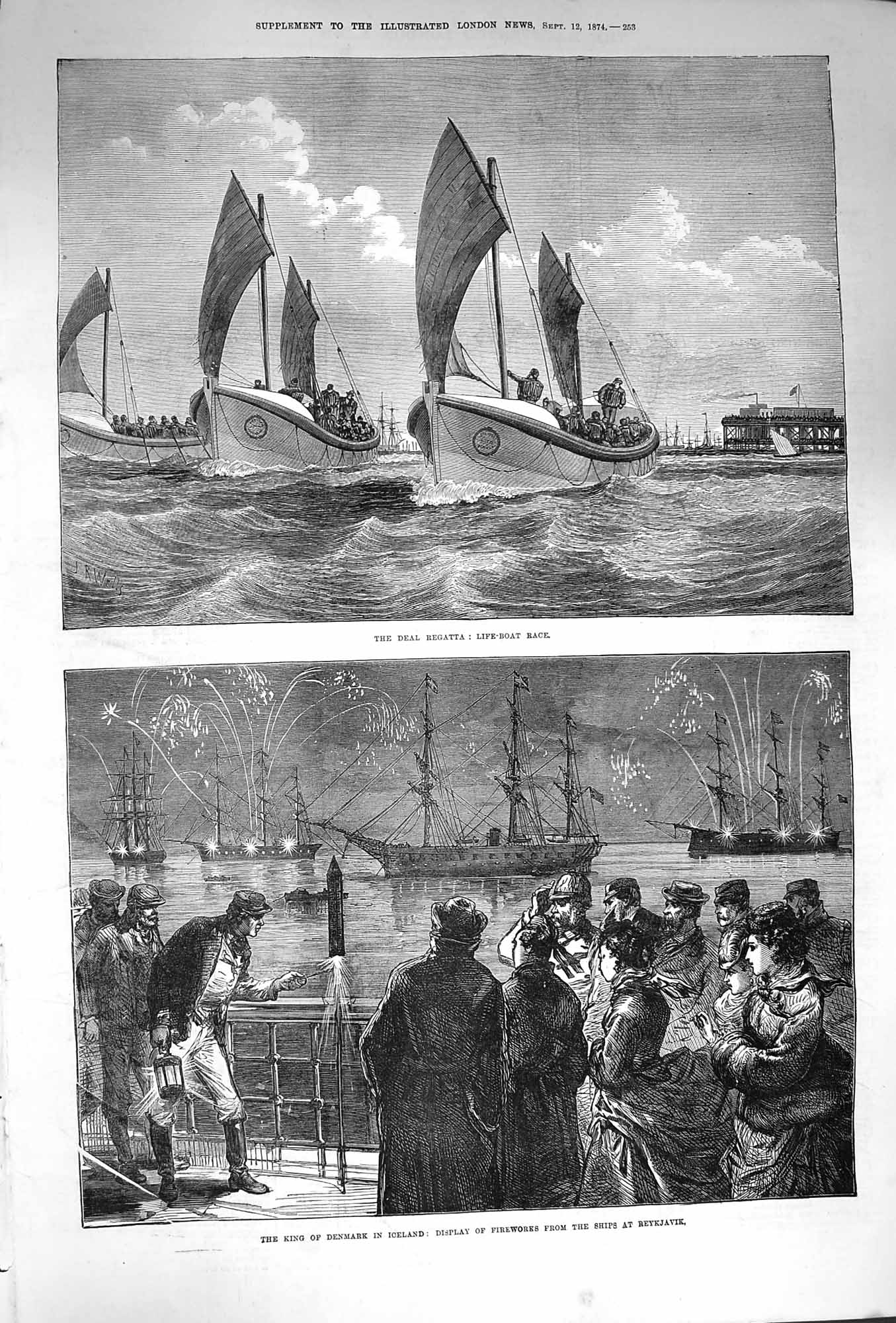 Old Antique Print 1874 Deal Regatta Life-Boat King Denmark Iceland Ships 19th