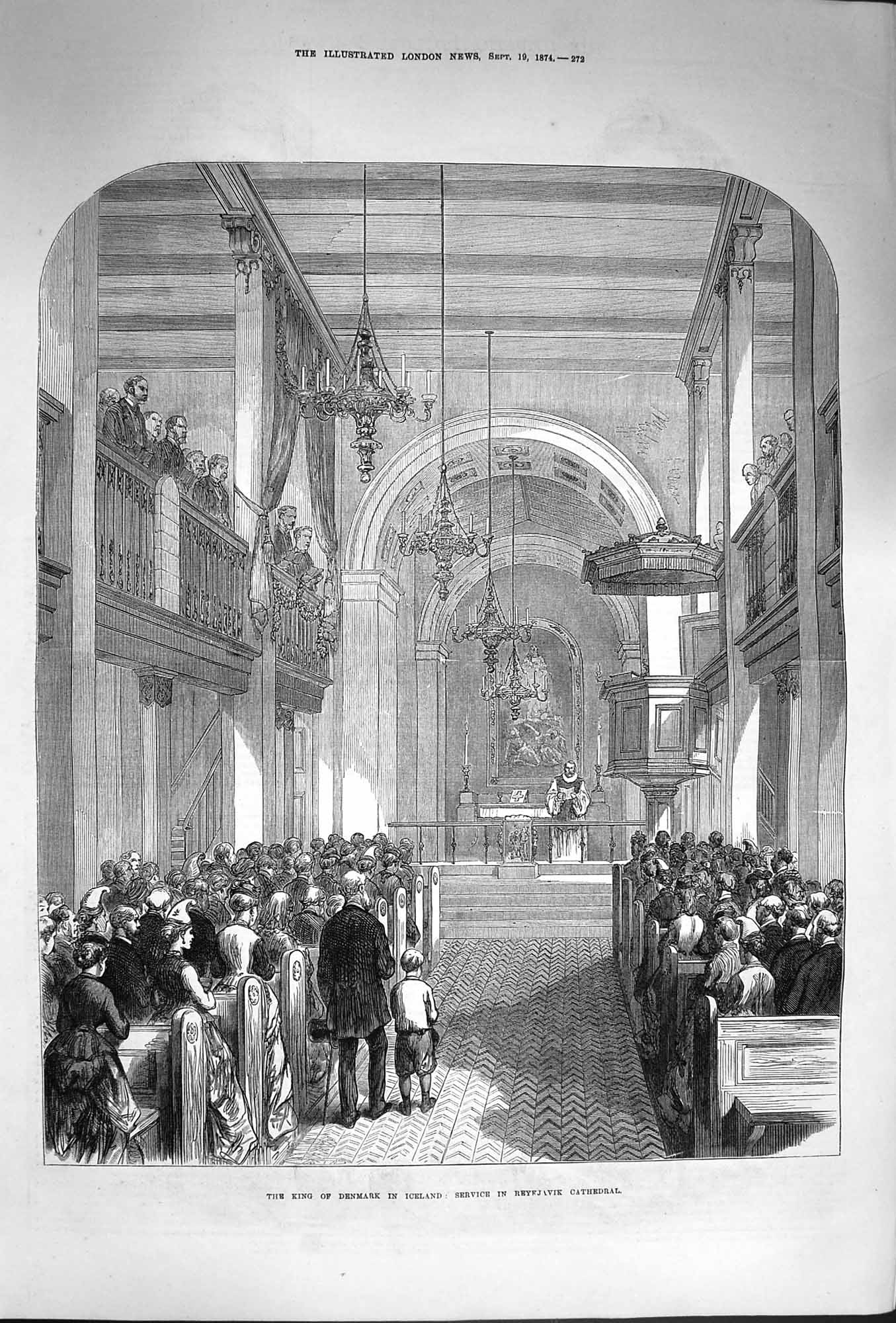 Antique Old Print *3313 1874 King Denmark Iceland Service Reykjavik Cathedral